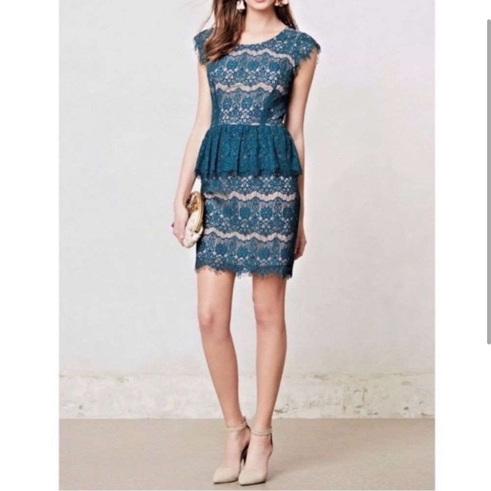 NWT Anthropologie Maeve Teal Tan Lace Peplum Mini Dress Cap Sleeve Size M
